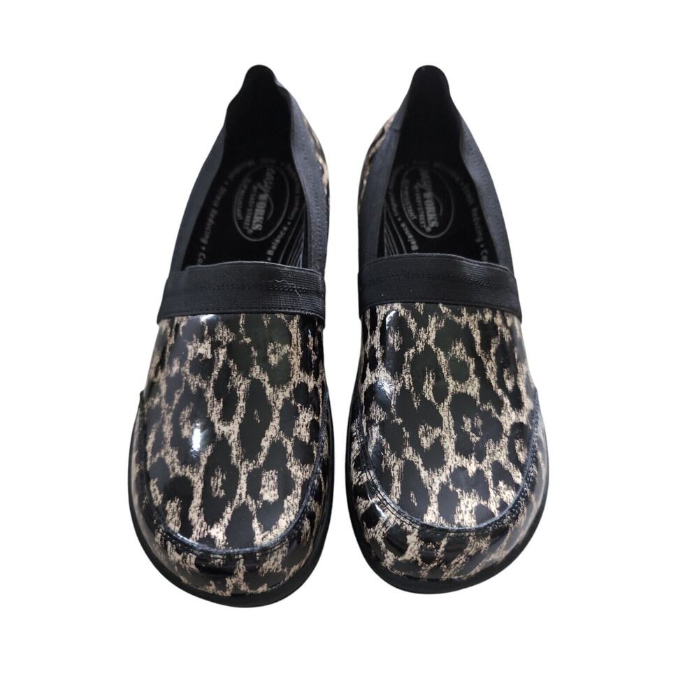 Easy Works Clogs Leopard Patent Beige Black Sz 8